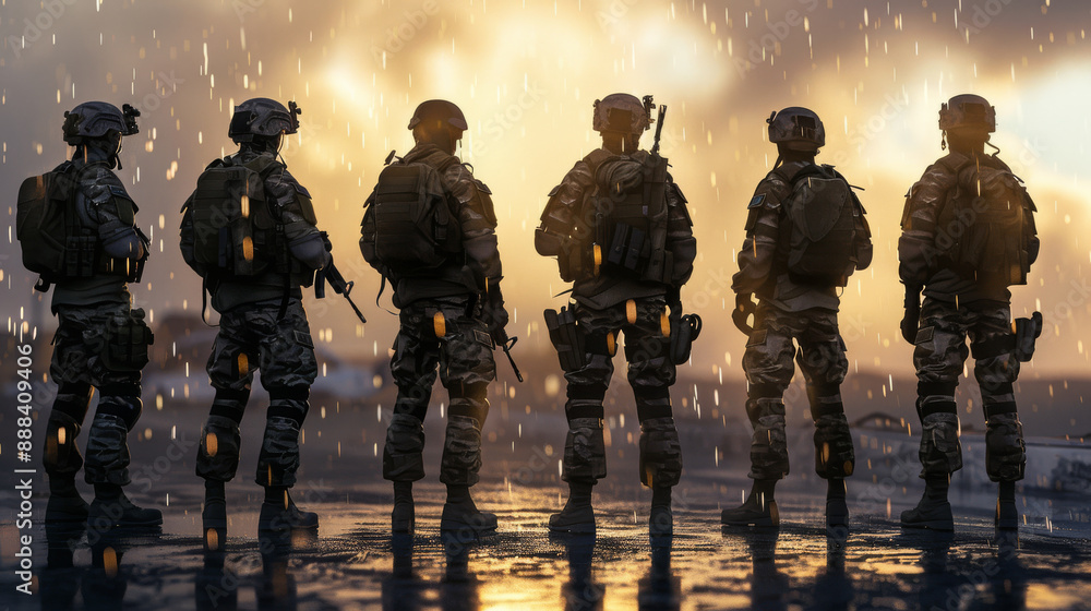 A striking image of soldiers standing in the rain at sunset, silhouetted against a golden sky, evoking themes of bravery and camaraderie. A striking image of soldiers standing in the rain at sunset, silhouetted against a golden sky, evoking themes of bravery and camaraderie.