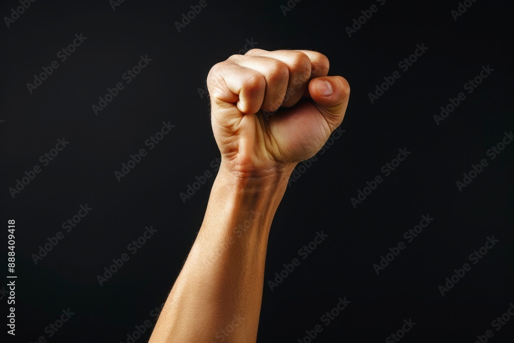 Determined hand raised in a show of strength and solidarity Determined hand raised in a show of strength and solidarity