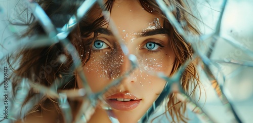 Woman With Blue Eyes Looking Through Shattered Glass