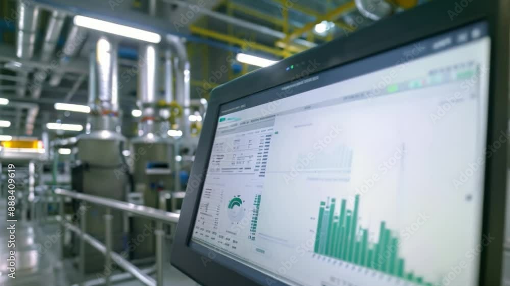 A close-up shot of a computer screen displaying various data visualizations in a modern industrial facility.