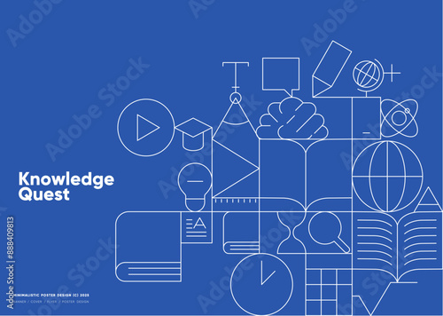 Back to school. Vibrant blue educational poster featuring line art representing learning tools and the quest for knowledge.