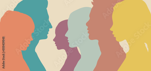 Abstract profile silhouette of multicultural people. Mental development of child and teenager, family environment, racial equality