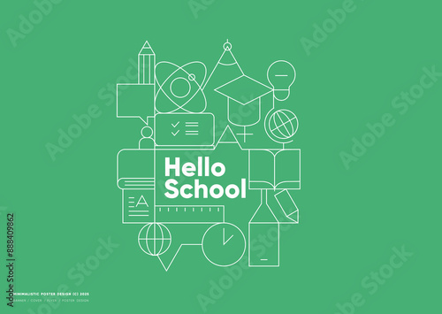 Back to school. Engaging minimalist poster with educational elements in line art style on a vibrant green background.