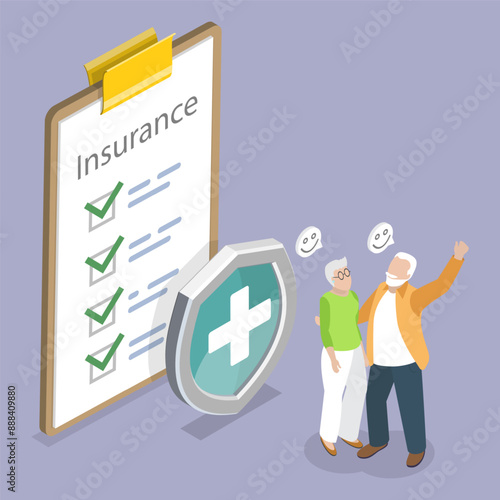 3D Isometric Flat Vector Illustration of Insurance Planning For Elderly , Life and Accident Coverage