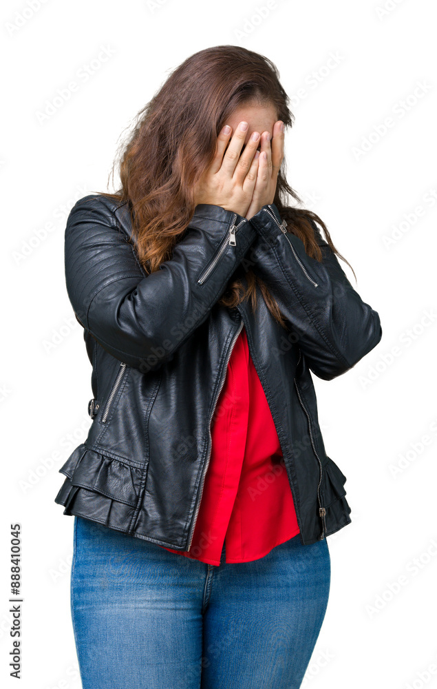 Beautiful plus size young woman wearing a fashion leather jacket over isolated background with sad expression covering face with hands while crying. Depression concept. Beautiful plus size young woman wearing a fashion leather jacket over isolated background with sad expression covering face with hands while crying. Depression concept.