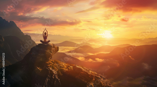 Silhouette of a person meditating on a rocky cliff at sunrise, overlooking a picturesque valley with mountains and clouds.