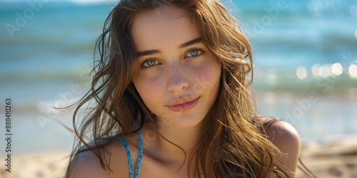 Young Woman With Long Brown Hair Posing On A Sandy Beach