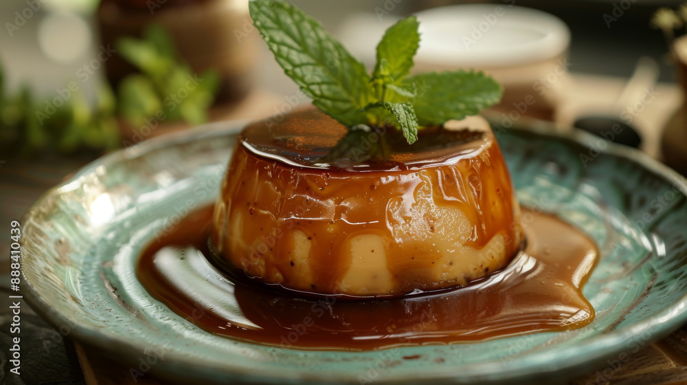 Sweet caramel pudding served on a plate. Sweet caramel pudding served on a plate.