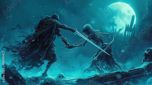 knight and sceleton  night fight
