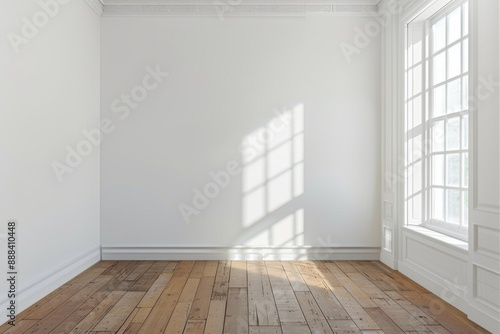 Modern empty room with wooden floor, windows and white plain wall. Contemporary interior background