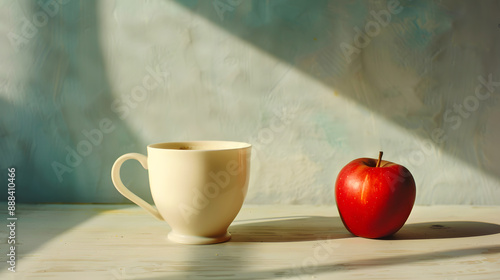 A white coffee cup sits next to a red apple