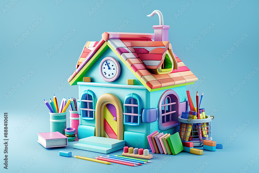 School supplies with stack of books and alarm clock on white background School supplies with stack of books and alarm clock on white background