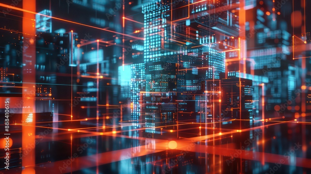 futuristic depiction of a corporate restructuring process, visualized as a complex digital transformation futuristic depiction of a corporate restructuring process, visualized as a complex digital transformation