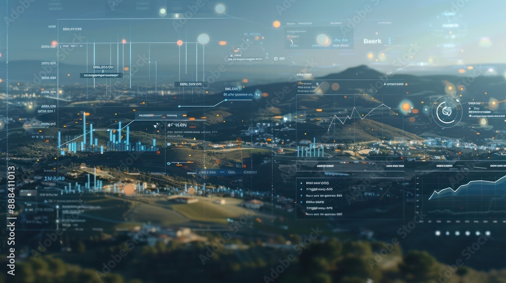 Naklejka premium High-resolution image of a financial performance tracker, with detailed metrics and KPIs floating over a digital landscape