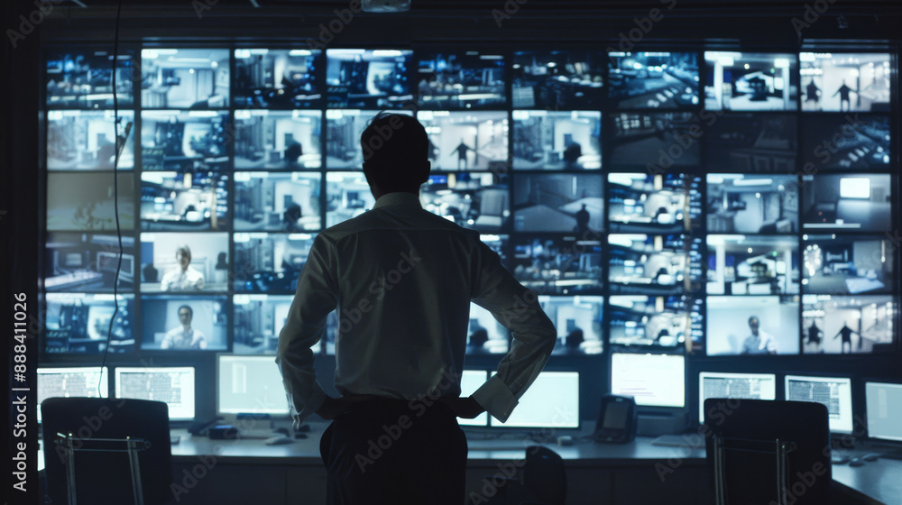 A security operative monitors numerous surveillance screens in a dimly lit control room, ensuring safety and security with keen focus and vigilance. A security operative monitors numerous surveillance screens in a dimly lit control room, ensuring safety and security with keen focus and vigilance.