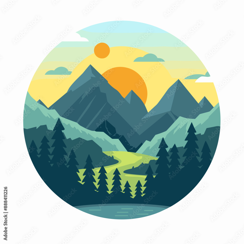 Mountain landscape with lake, forest and sun. Flat style vector illustration. Mountain landscape with lake, forest and sun. Flat style vector illustration.