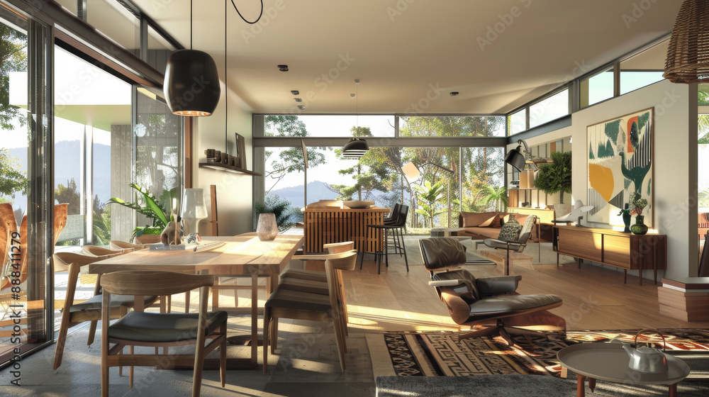 A spacious, modern living room with wide windows offering a view of the lush greenery outside, filled with stylish furniture and decor. A spacious, modern living room with wide windows offering a view of the lush greenery outside, filled with stylish furniture and decor.