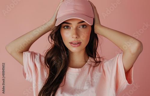 Woman In Pink Cap And T-Shirt Posing Against A Pink Background