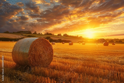 Golden Sunset Over Hay Bales in a Rural Field