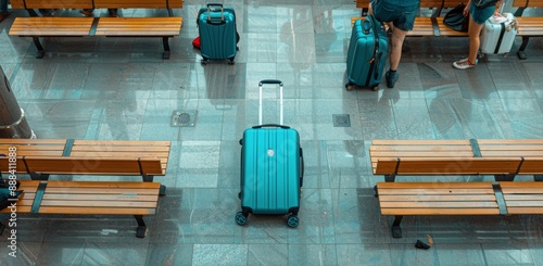 Blue Suitcases Resting On Benches In A Modern Airport Terminal