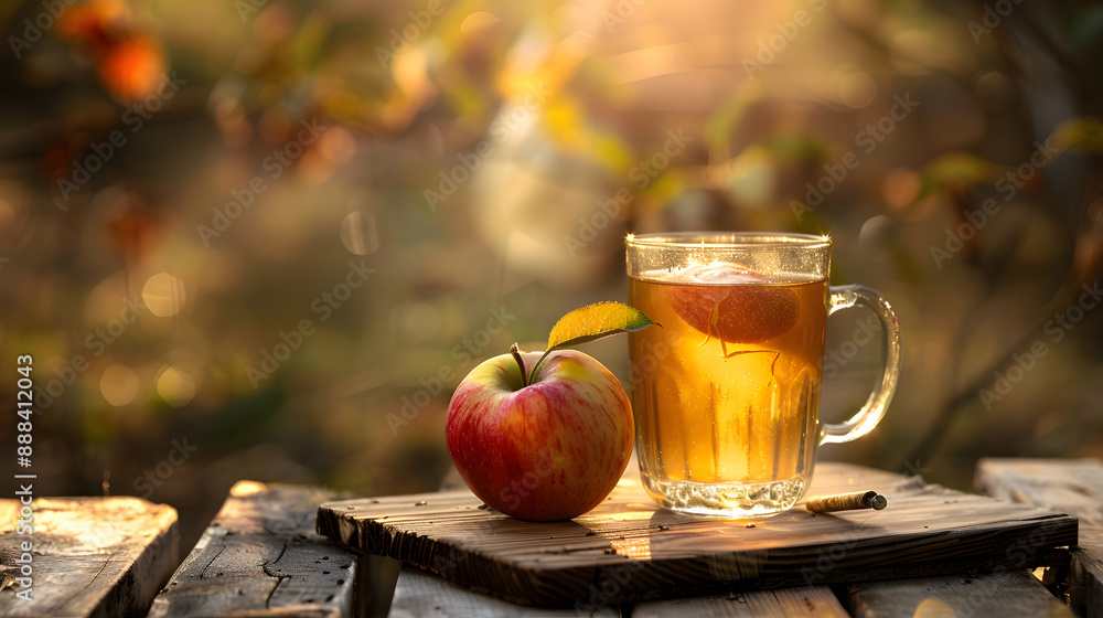 A glass of tea with a slice of apple on top A glass of tea with a slice of apple on top