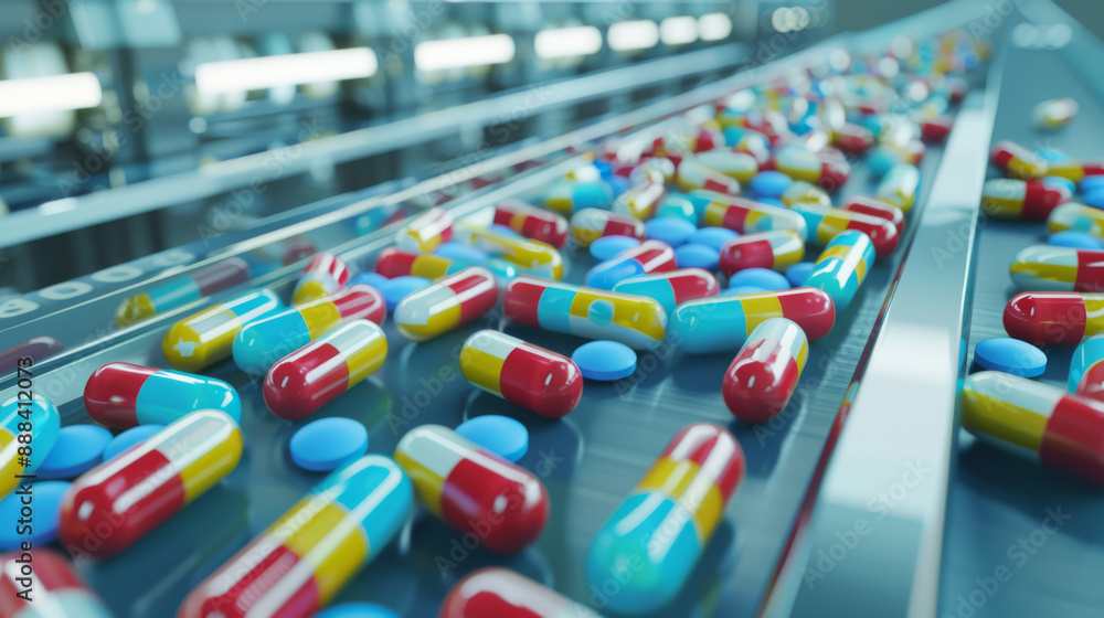 A close-up view of multi-colored pills traveling along a metallic conveyor belt in a highly organized pharmaceutical production line. A close-up view of multi-colored pills traveling along a metallic conveyor belt in a highly organized pharmaceutical production line.