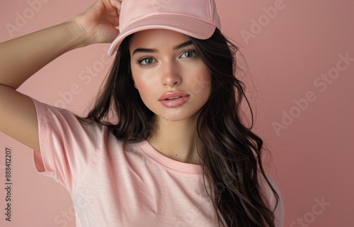 Young Woman Wearing Pink T-Shirt and Hat Against a Pink Background