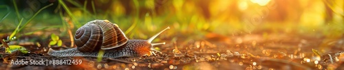 A small snail is on the ground in a grassy area. Free copy space for banner.