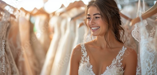 Bride Trying On Lace Wedding Dress in Bridal Shop