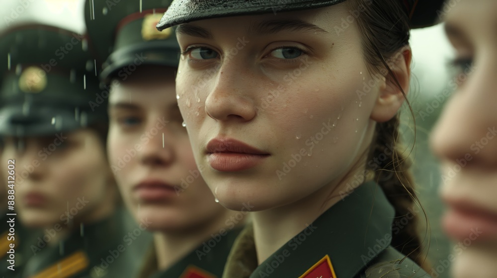 Fototapeta premium Close-up of Russian women dressed in military uniforms in an open-air parade. Russian women in uniforms in the rain during an official parade.