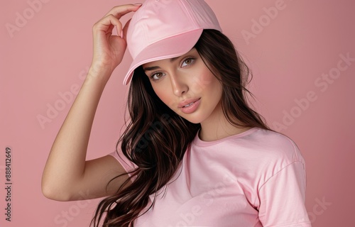 Woman In Pink Cap And T-Shirt Posing Against A Pink Background