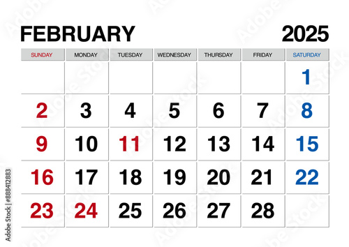 2025年2月のカレンダー日曜始まり日本の祝日表記有り
