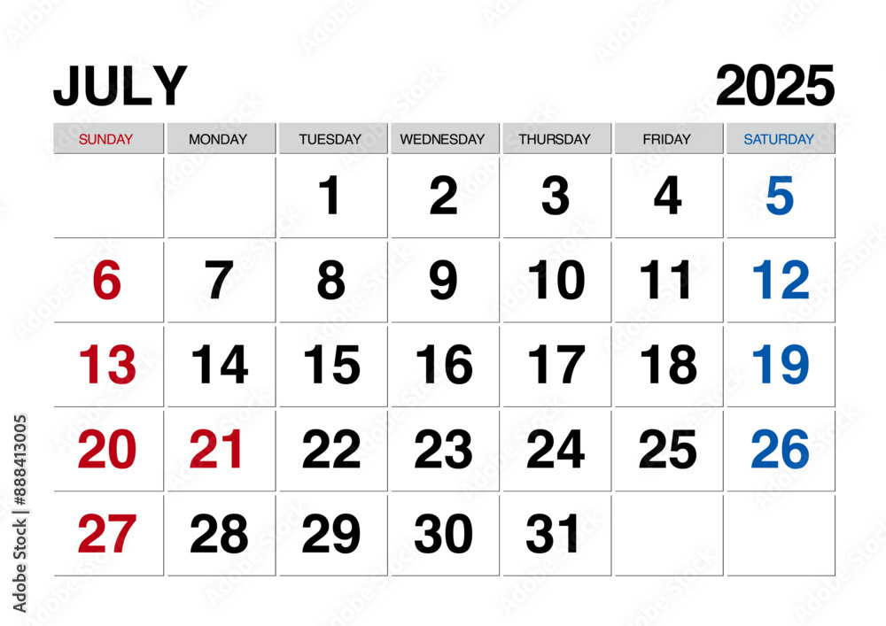 2025年7月のカレンダー日曜始まり日本の祝日表記有り
2025年7月のカレンダー日曜始まり日本の祝日表記有り