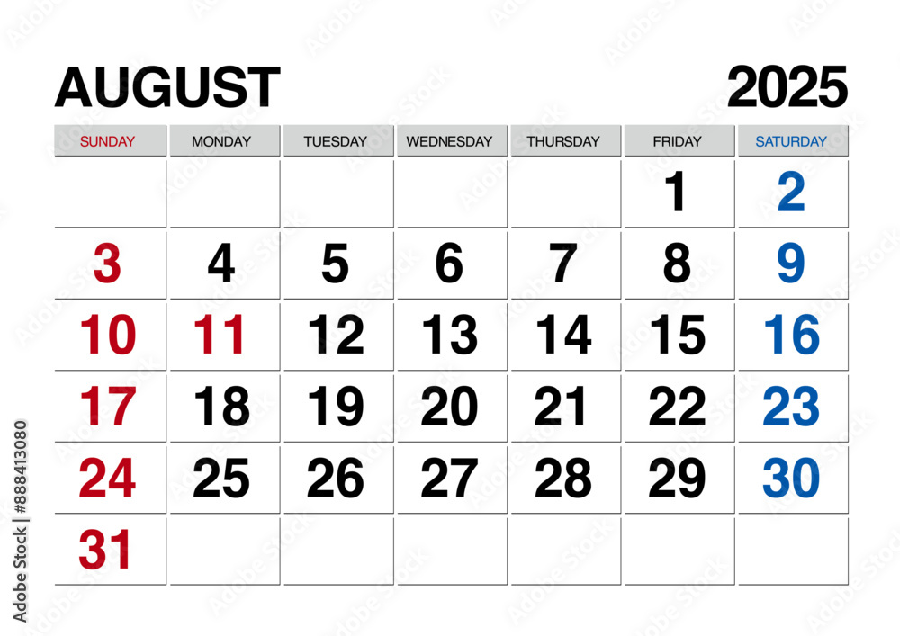 2025年8月のカレンダー日曜始まり日本の祝日表記有り
2025年8月のカレンダー日曜始まり日本の祝日表記有り