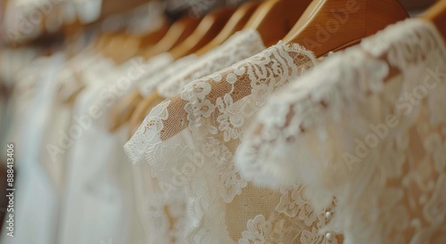 Row of White Lace Wedding Dresses Hanging on Wooden Hangers in a Bridal Boutique