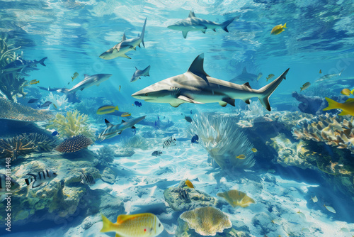 Sharks and vibrant fish swim among coral reefs in a clear, blue oceanic paradise, showcasing the stunning diversity of marine life.