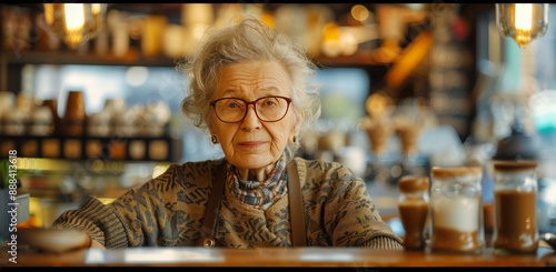 Elderly Woman Wearing Glasses Smiles While Standing at Coffee Shop Counter