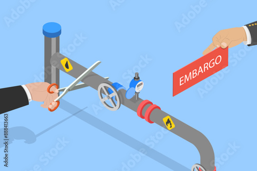 3D Isometric Flat Vector Illustration of Embargo or Sanctions, Diplomat or Policymaker Cuts Oil Pipeline with Large Scissors