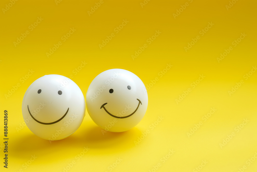 Two white balls with smiley faces against a bright yellow background, symbolizing joy and simplicity, evoking feelings of happiness and positivity. Two white balls with smiley faces against a bright yellow background, symbolizing joy and simplicity, evoking feelings of happiness and positivity.