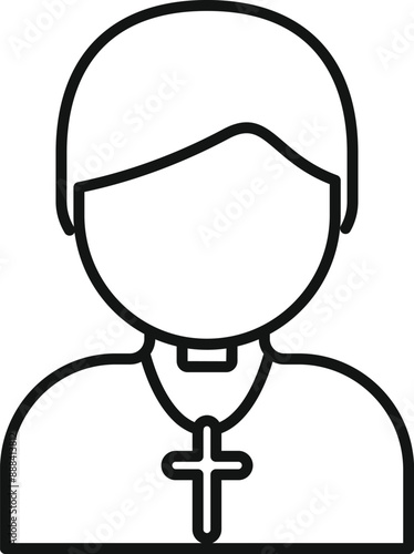 Line drawing of a catholic priest wearing cassock with clerical collar and cross necklace is praying