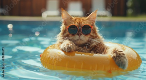 Cool Cat Relaxing In Inflatable Ring In Swimming Pool On Sunny Day