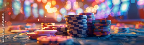 Stacks of Casino Chips on a Table Under Colorful Lights