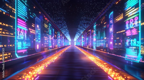 Visualization of an IPO roadshow, depicted as a path glowing with potential and lined with digital billboards displaying data