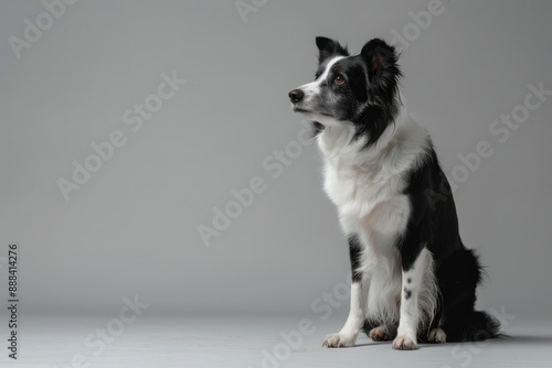 A seated black and white dog gazes attentively into the distance, against a minimalist grey background, highlighting its serene and inquisitive demeanor.