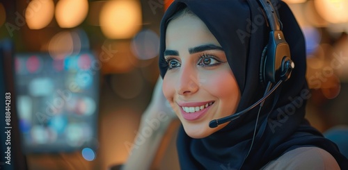 Young Woman in Hijab Wearing Headphones and Working at a Computer in an Office