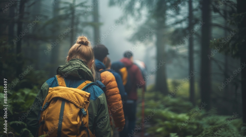 A group of friends walking in a dense forest on a misty day. Friends taking a camping trail in a forest far from the city. A group of friends walking in a dense forest on a misty day. Friends taking a camping trail in a forest far from the city.