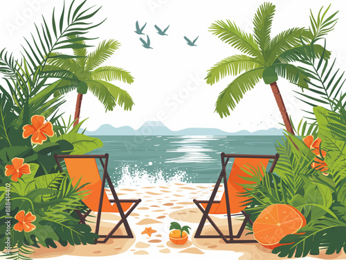 A beach scene with two orange chairs and a palm tree. The chairs are facing the ocean and there are birds flying in the background