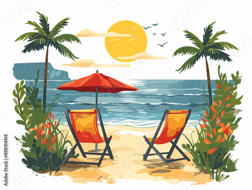 A beach scene with two chairs and an umbrella. The chairs are orange and are positioned on the sand. The umbrella is red and is providing shade. The ocean is in the background