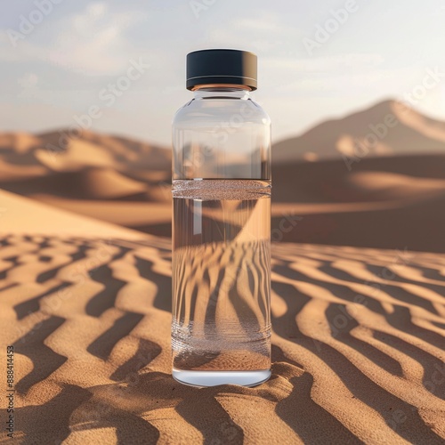 Glass bottle halffull of water sits on a windswept sand dune in the desert at sunset photo