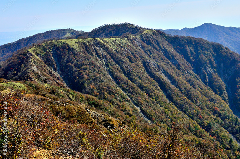 Naklejka premium 紅葉の丹沢山地 蛭ヶ岳山頂より望む丹沢山と不動ノ峰と塔ノ岳 